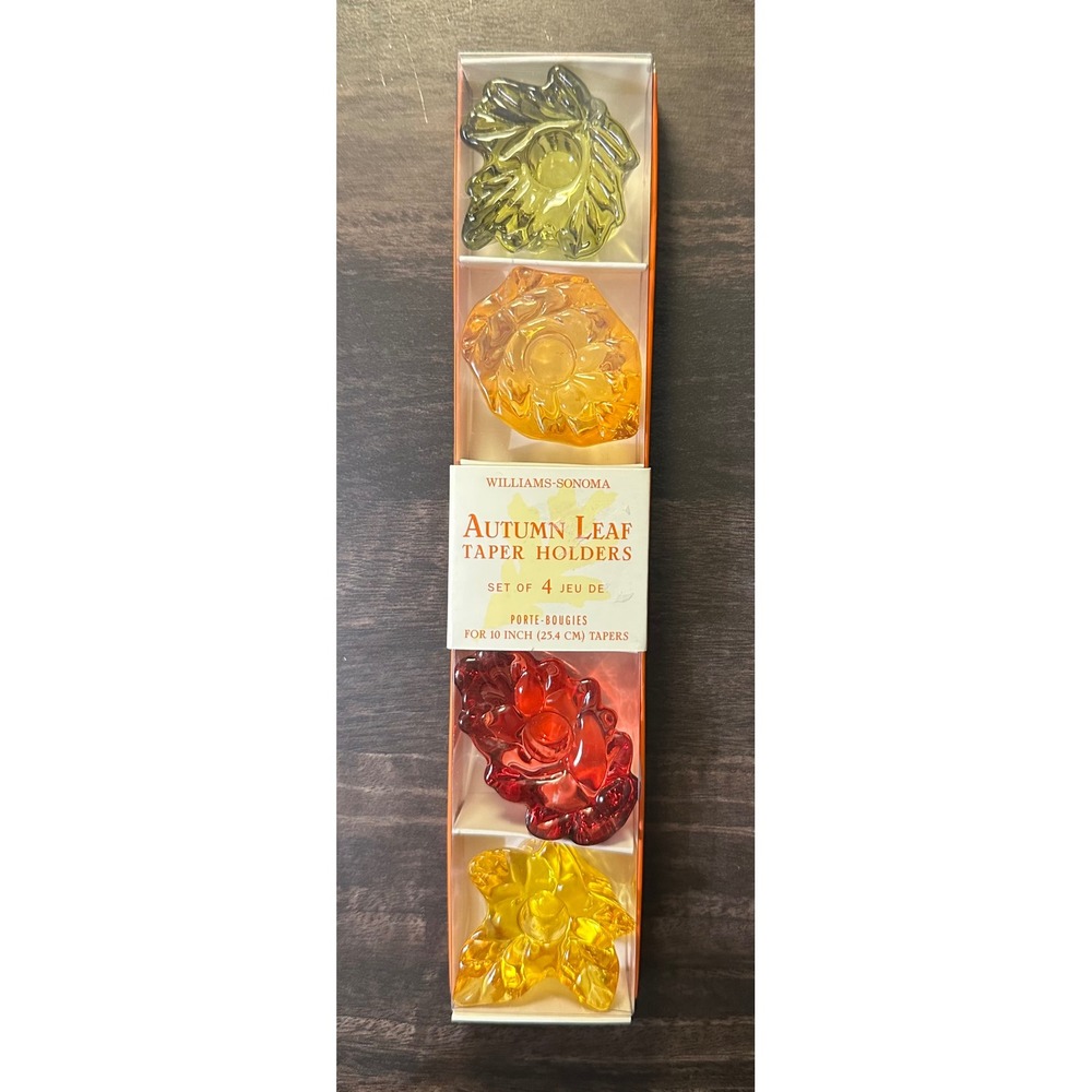 Williams Sonoma Autumn Leaf Taper Holders Set of 4 Glass Fall Thanksgiving Decor